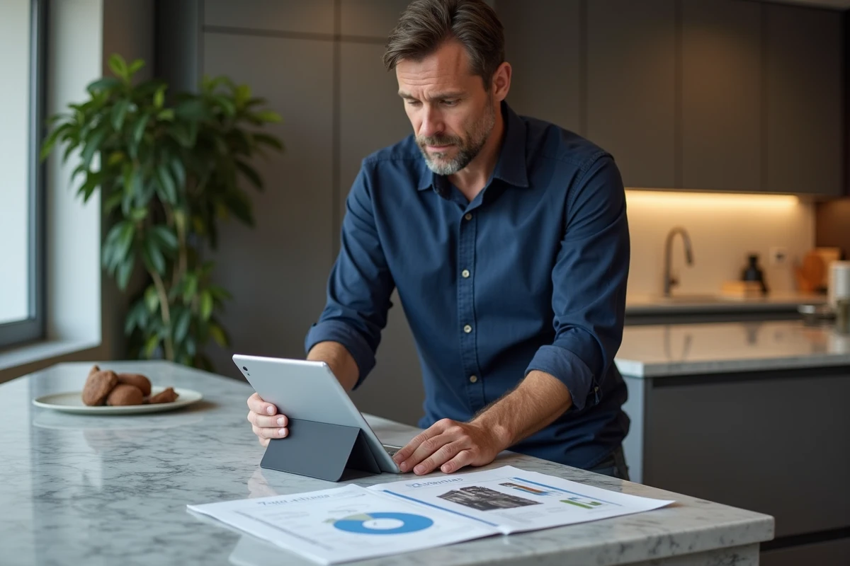 Homme comparant une annonce immobilière en ligne avec un rapport Pappers sur un plan de travail pour évaluer un prix de vente