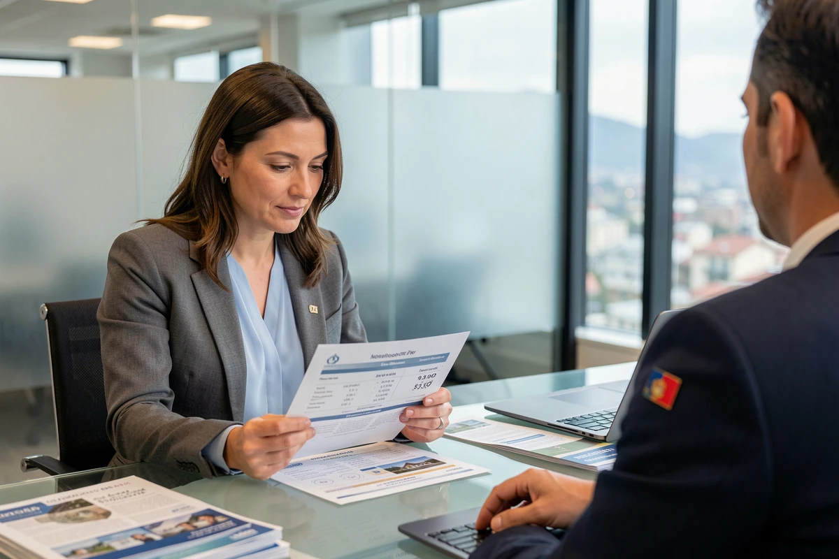 Femme consultant un conseiller fiscal dans une banque andorrane pour l'achat d'un appartement et la fiscalité 2026