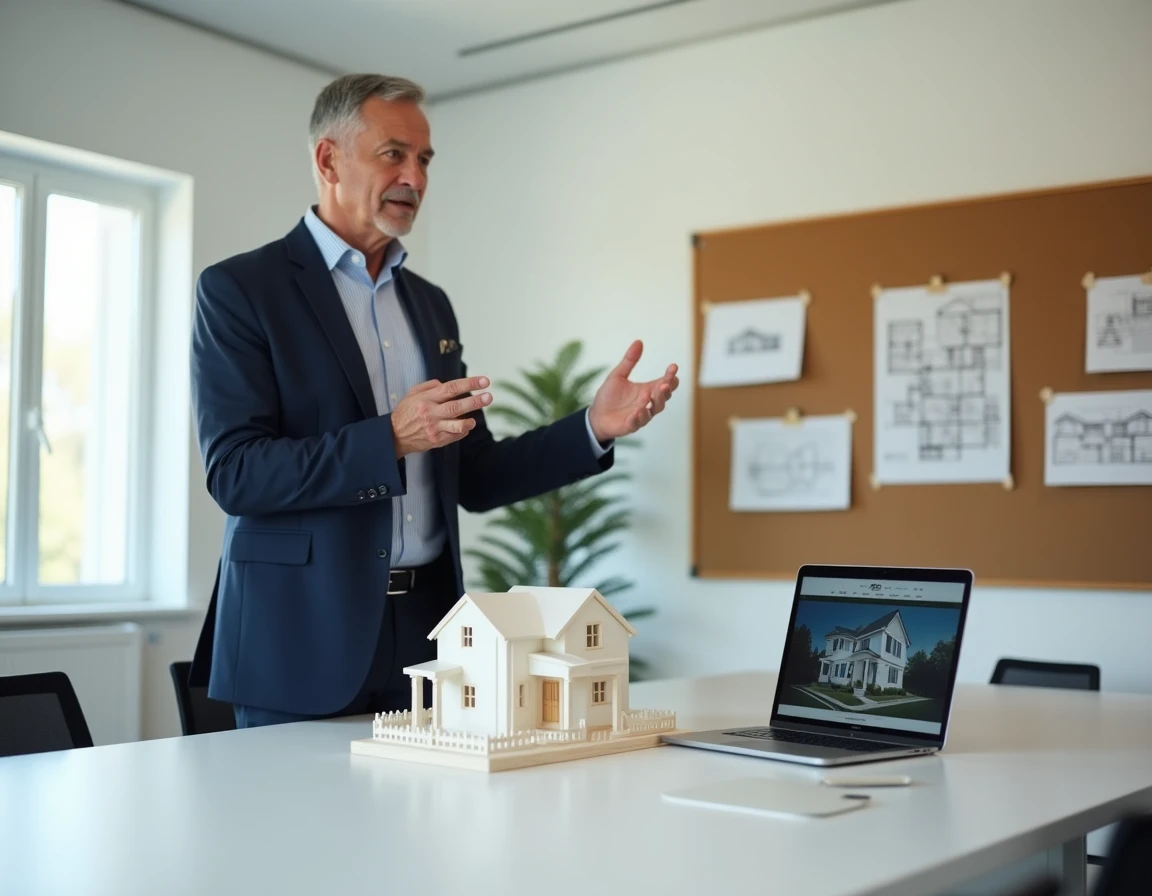 Conseiller commercial présentant une maquette de maison pavillonnaire dans un bureau de vente