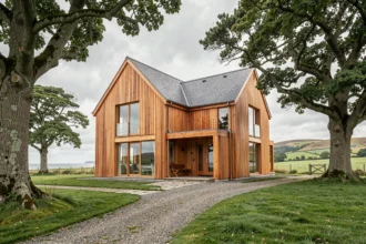 Maison en bois traditionnelle bretonne dans un paysage verdoyant avec collines et ciel atlantique nuageux