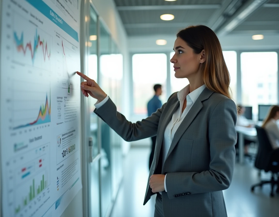 Consultante en énergie présentant un tableau comparatif des indices BT électricité en bureau moderne