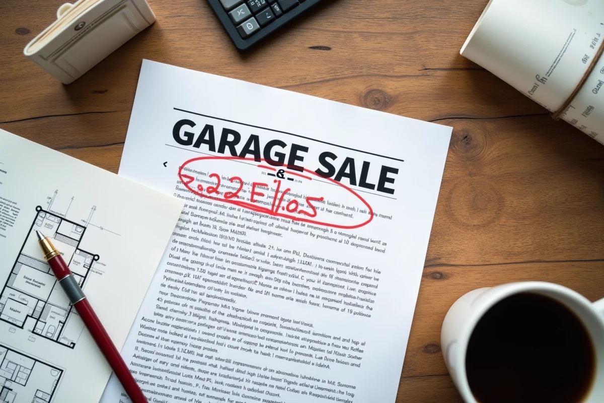 Documents de vente d'un garage avec prix au m2 excessif souligné au stylo rouge sur un bureau