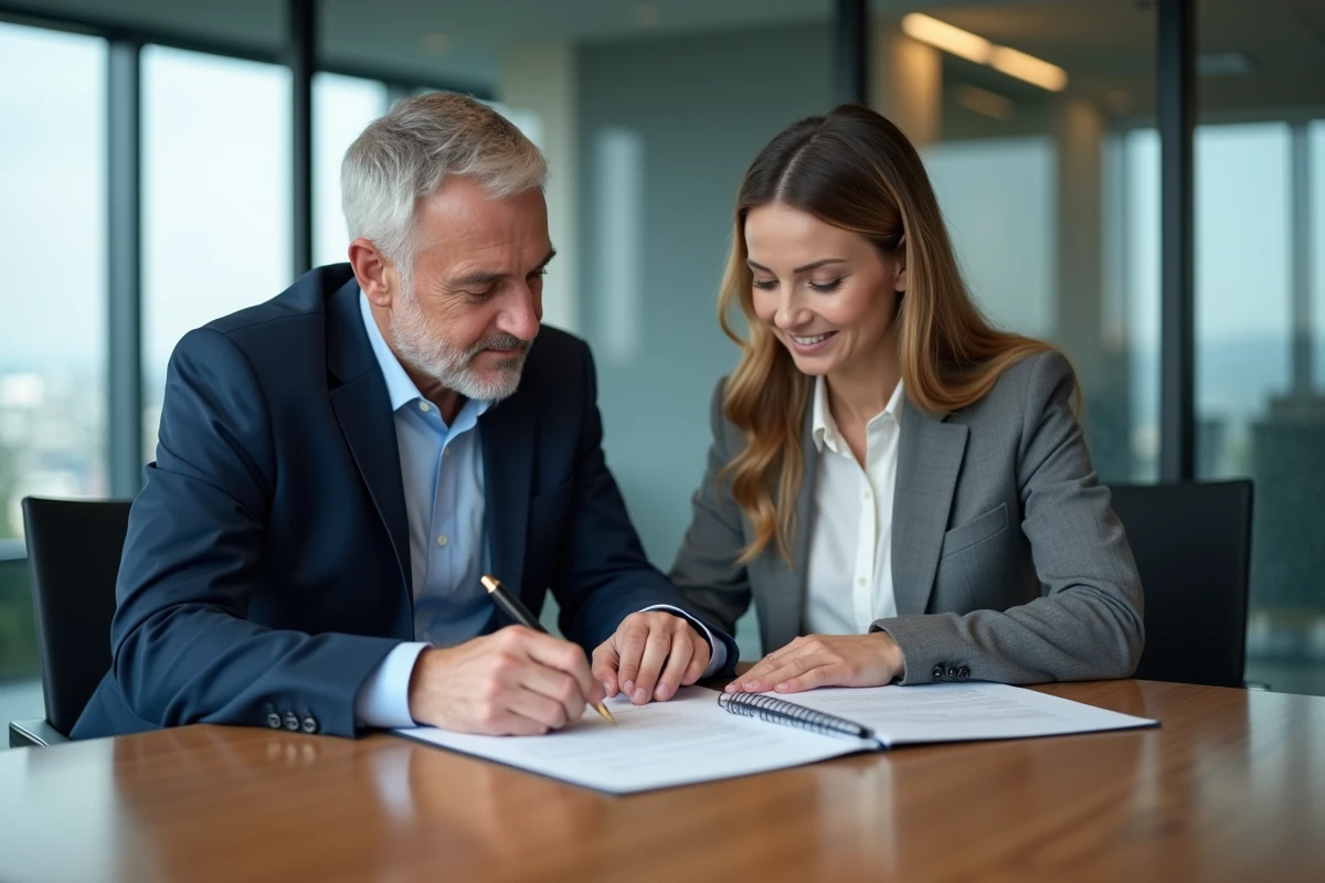 Homme d'affaires et femme examinant des contrats de location