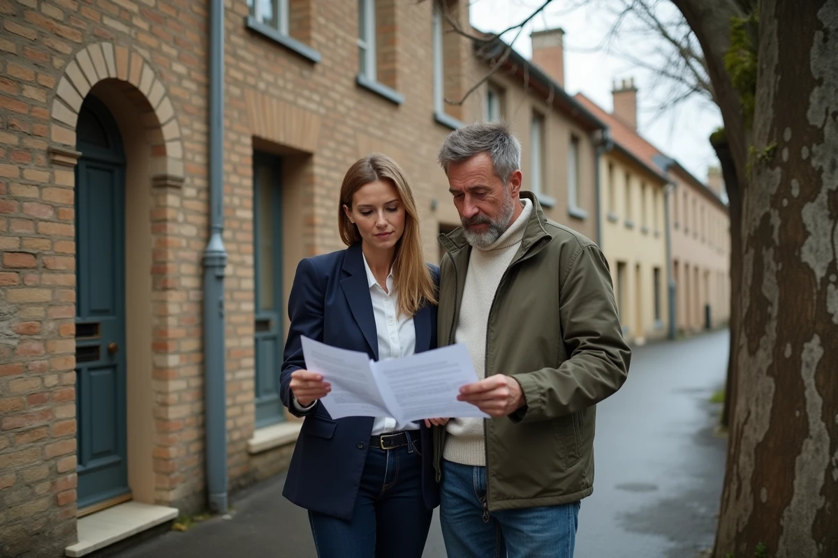 Couple étudiant les documents d'achat devant une maison en mâchefer dans une ville minière du nord de la France