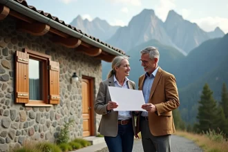 Couple devant une maison en pierre traditionnelle andorrane avec vue sur les Pyrénées, envisageant un achat immobilier en Andorre