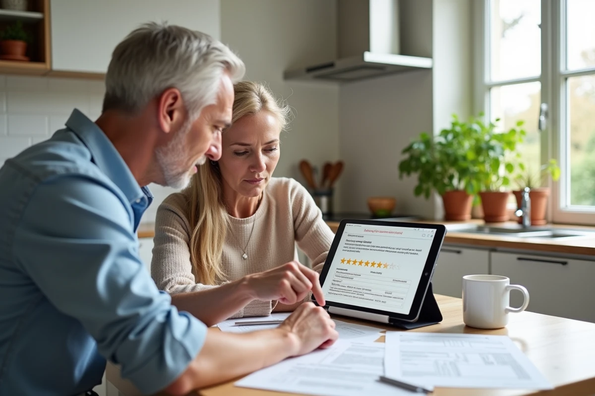 Couple examinant ensemble les avis clients sur permis-construire.com autour d'une table avec des documents de demande de permis
