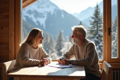 Couple dans un chalet alpin en montagne enneigee