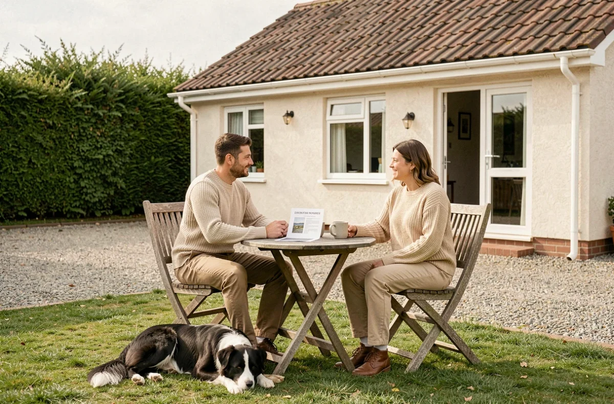 Couple avec leur chien border collie dans le jardin d'une maison de location acceptant les animaux de compagnie dans l'Eure en Normandie