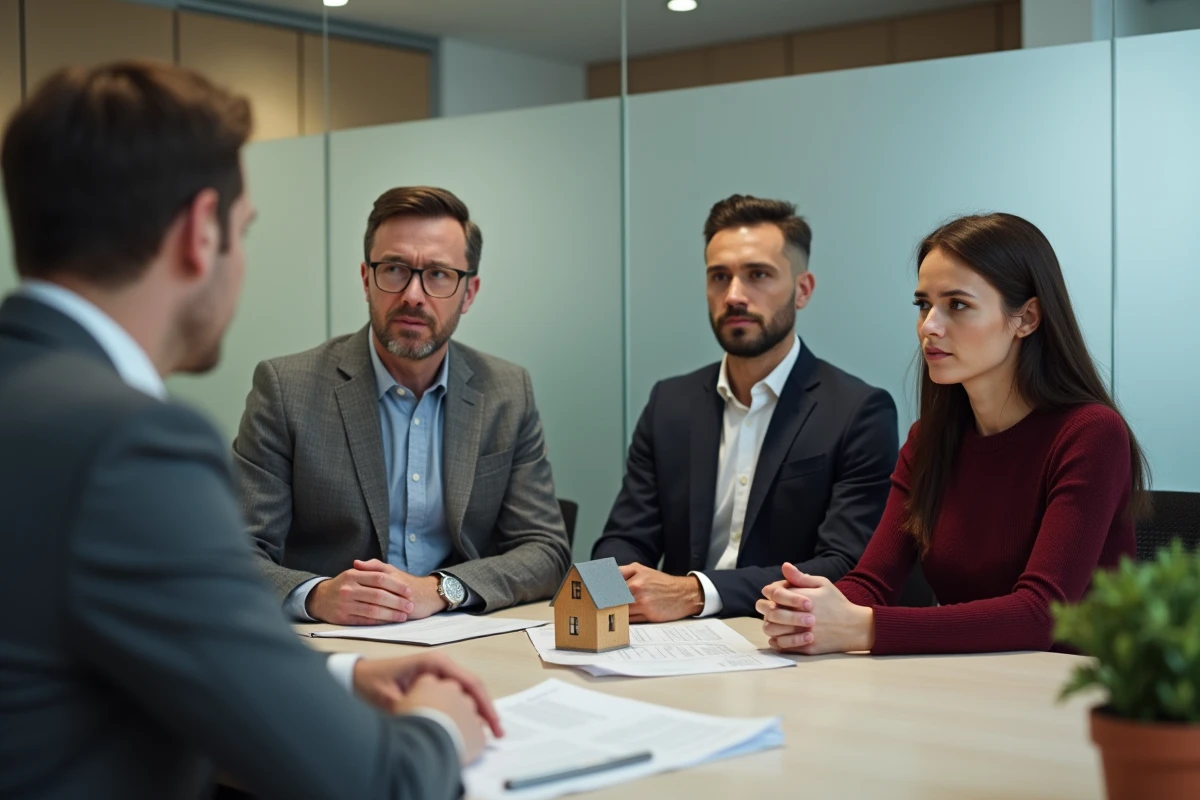 Couple en rendez-vous avec un conseiller bancaire pour discuter d'un emprunt immobilier malgré des crédits en cours