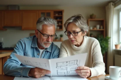 Couple consultant une brochure de constructeur de maisons individuelles à leur table de cuisine