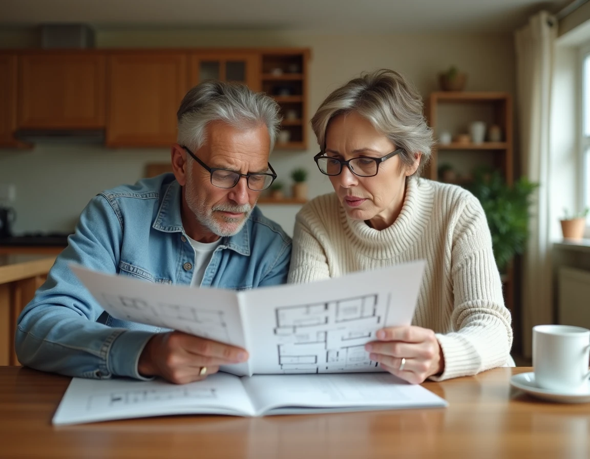Couple consultant une brochure de constructeur de maisons individuelles à leur table de cuisine