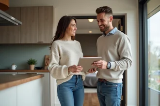 Jeune couple discutant dans une cuisine moderne rénovée