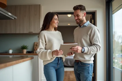 Jeune couple discutant dans une cuisine moderne rénovée