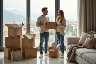 Jeune couple déballant de la vaisselle dans un appartement moderne à Perpignan