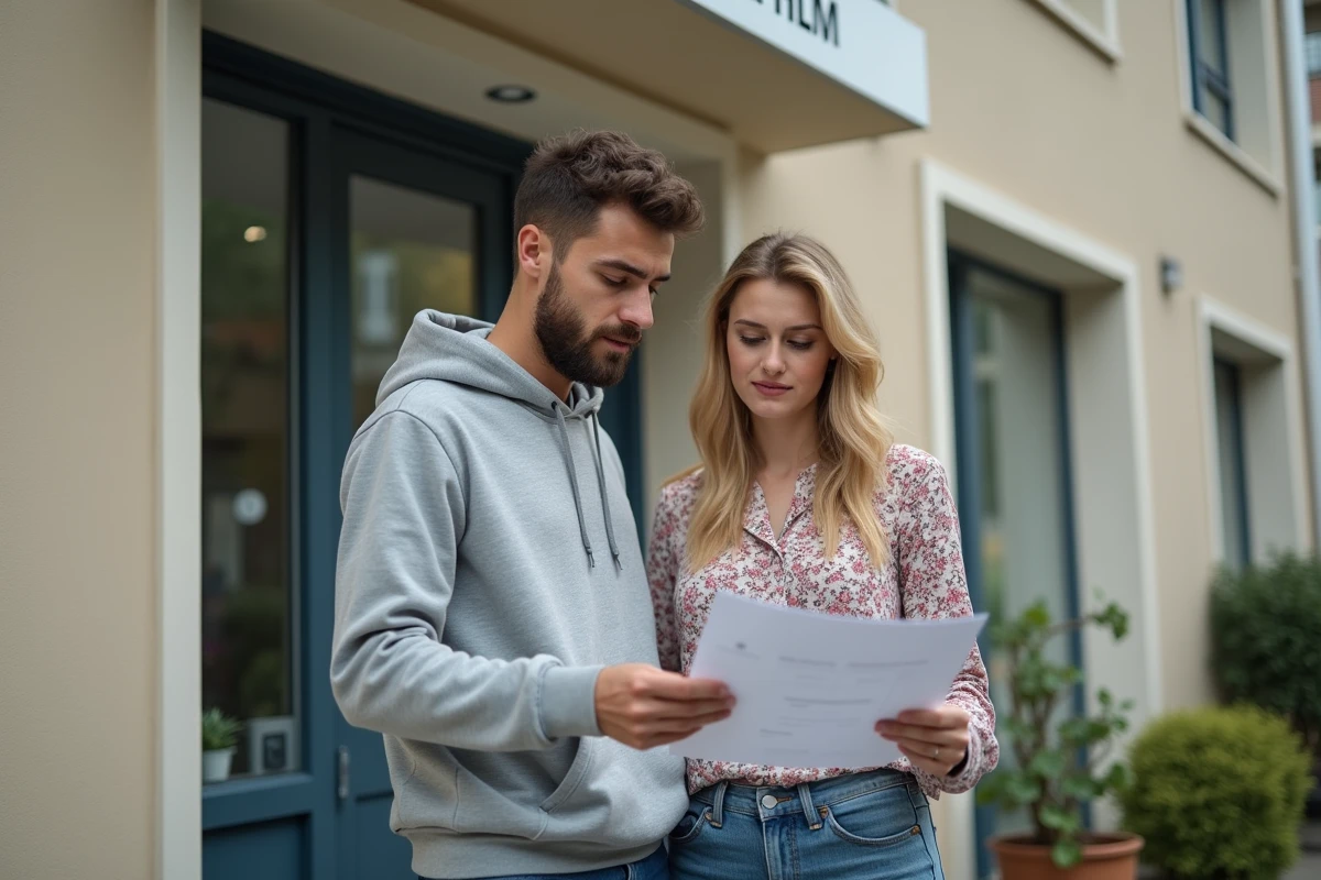 Jeune couple devant un office HLM consultant leur dossier de demande de logement social en banlieue