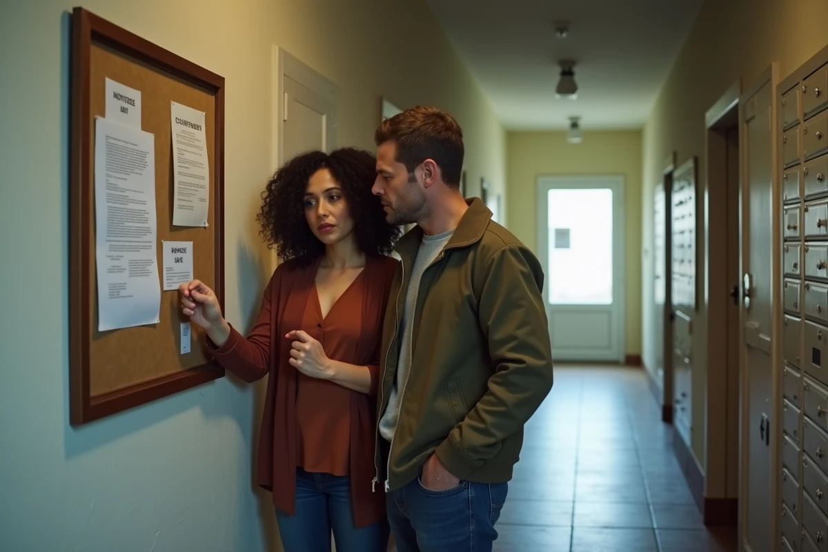 Couple de locataires HLM consultant un avis de surloyer affiché dans le couloir de leur résidence sociale