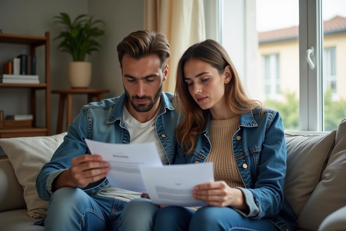 Couple de locataires inquiets lisant une lettre concernant un surloyer dans leur appartement