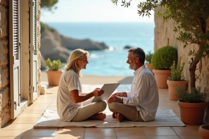 Couple propriétaire consultant des documents de location saisonnière sur la terrasse de leur maison de bord de mer
