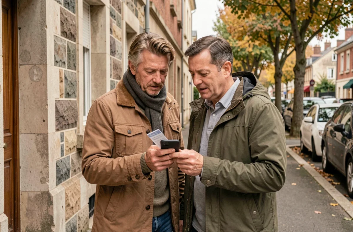 Couple visitant un bien immobilier dans une rue résidentielle française en consultant une annonce sur smartphone