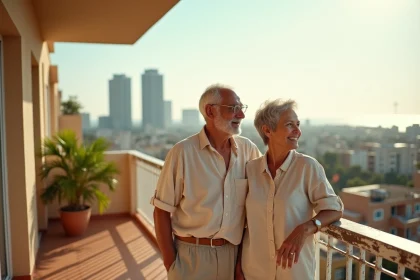 Couple de retraités européens sur le balcon d'un appartement moderne à Dakar avec vue sur l'océan Atlantique
