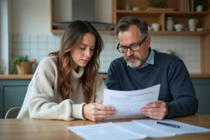 Couple de milieu d'âge examinant des documents d'assurance maison