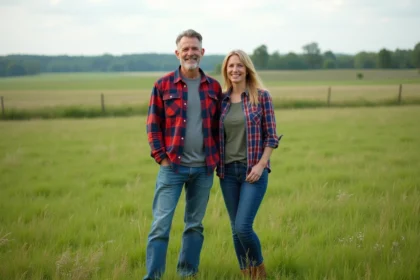 Couple souriant dans un champ rural vert avec paysage naturel