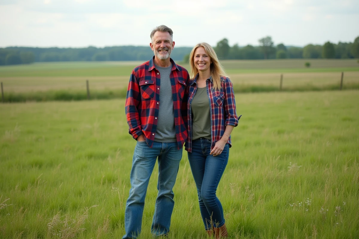 Couple souriant dans un champ rural vert avec paysage naturel
