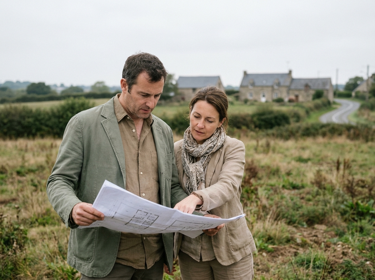 Couple examinant des plans de construction sur un terrain à bâtir en périphérie de Rennes