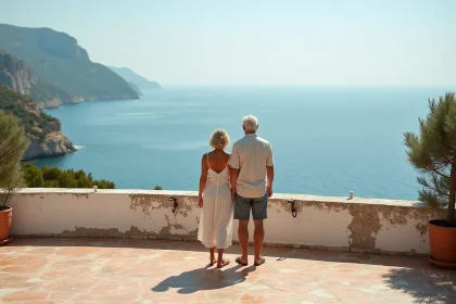 Couple admirant la vue sur la mer depuis la terrasse en pierre d'une maison côtière méditerranéenne