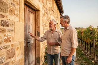 Couple de quadragénaires visitant un domaine viticole à vendre en Bordeaux, devant un chai en pierre calcaire entouré de vignes