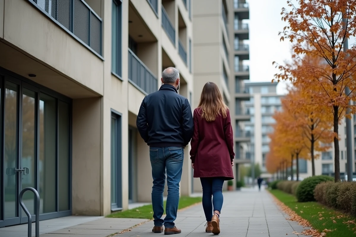 Couple devant un immeuble HLM moderne en banlieue parisienne lors d'une visite de logement social