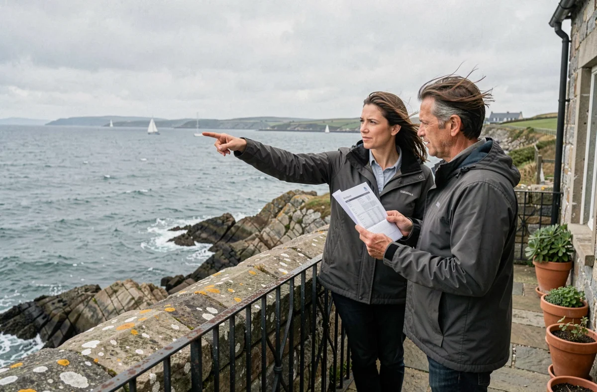 Couple visitant une maison de pêcheur bretonne avec vue mer depuis la terrasse en pierre