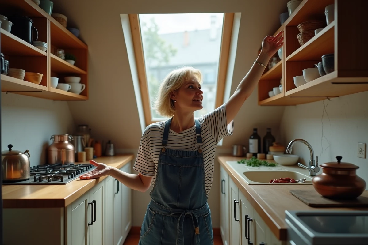 Cuisine compacte d'un appartement haussmannien au dernier étage avec lucarne, tomettes et poutres basses