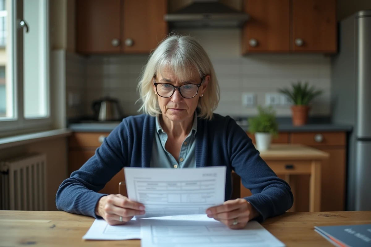 Femme examinant un dossier de demande de logement social HLM à une table en bois dans un appartement modeste