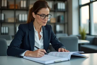 Professionnelle immobilière examinant les diagnostics obligatoires d'un bail commercial dans un bureau moderne