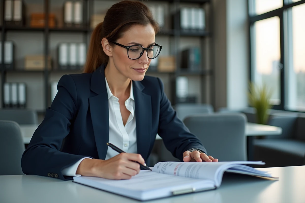 Professionnelle immobilière examinant les diagnostics obligatoires d'un bail commercial dans un bureau moderne
