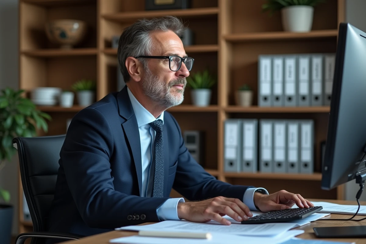 Diagnostiqueur immobilier regardant un logiciel sur son ordinateur dans son bureau