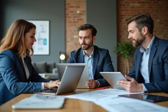 Groupe de diagnostiqueurs immobiliers en réunion dans un bureau moderne