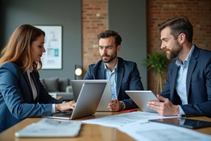 Groupe de diagnostiqueurs immobiliers en réunion dans un bureau moderne