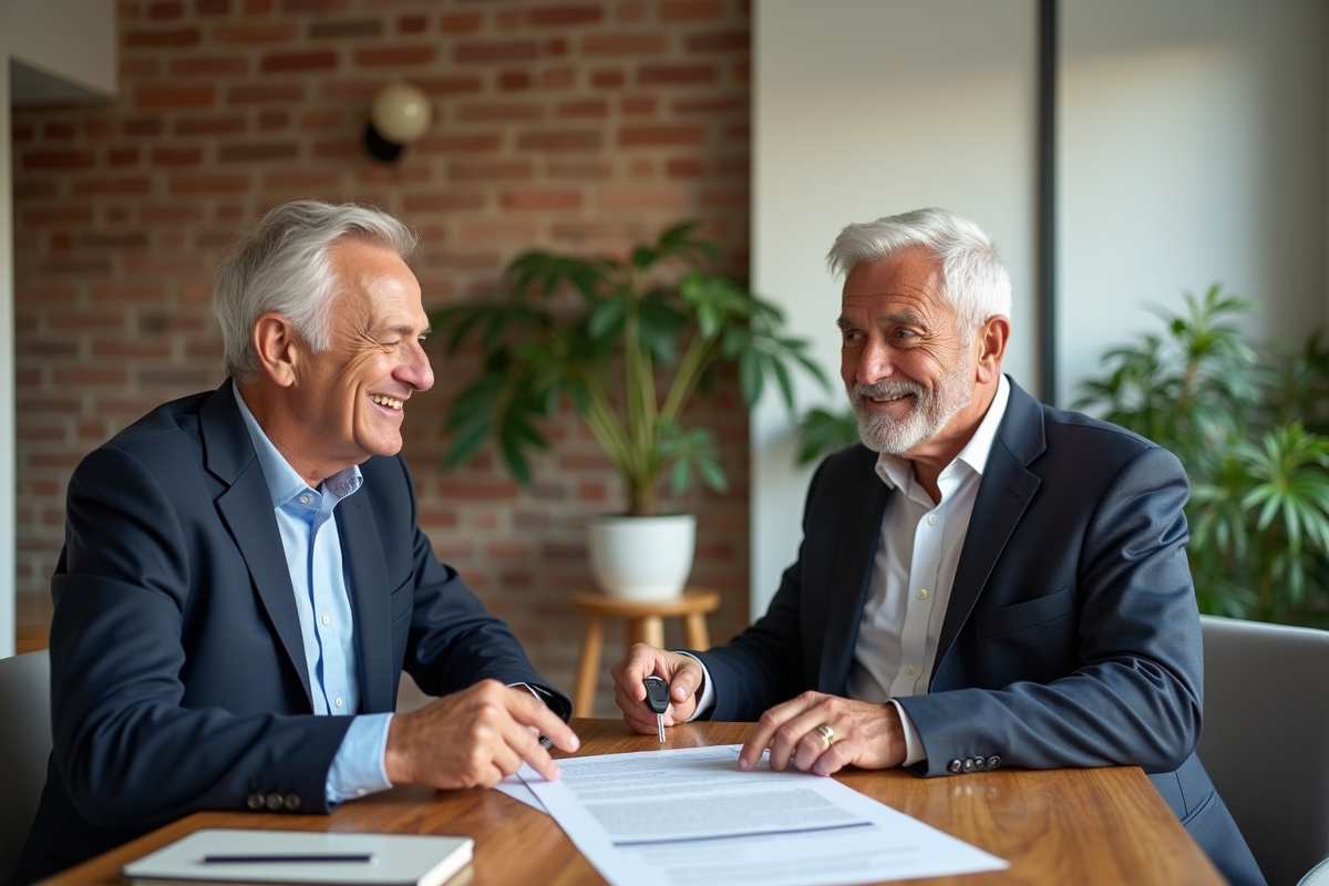 Deux hommes discutant autour d une table avec contrat et clés