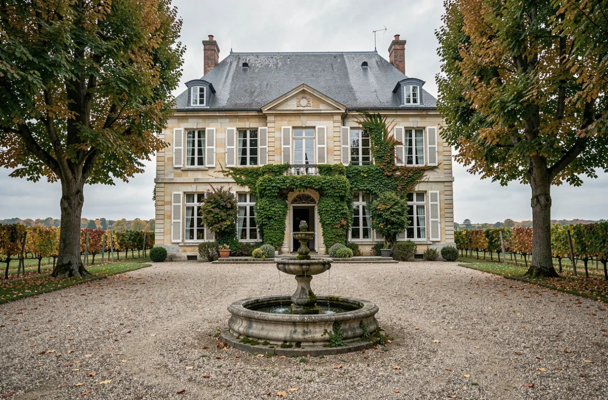 Vue extérieure d'un domaine viticole bordelais du XVIIIe siècle avec chartreuse en pierre, vignes et cour gravillonnée, mis en vente pour une installation familiale