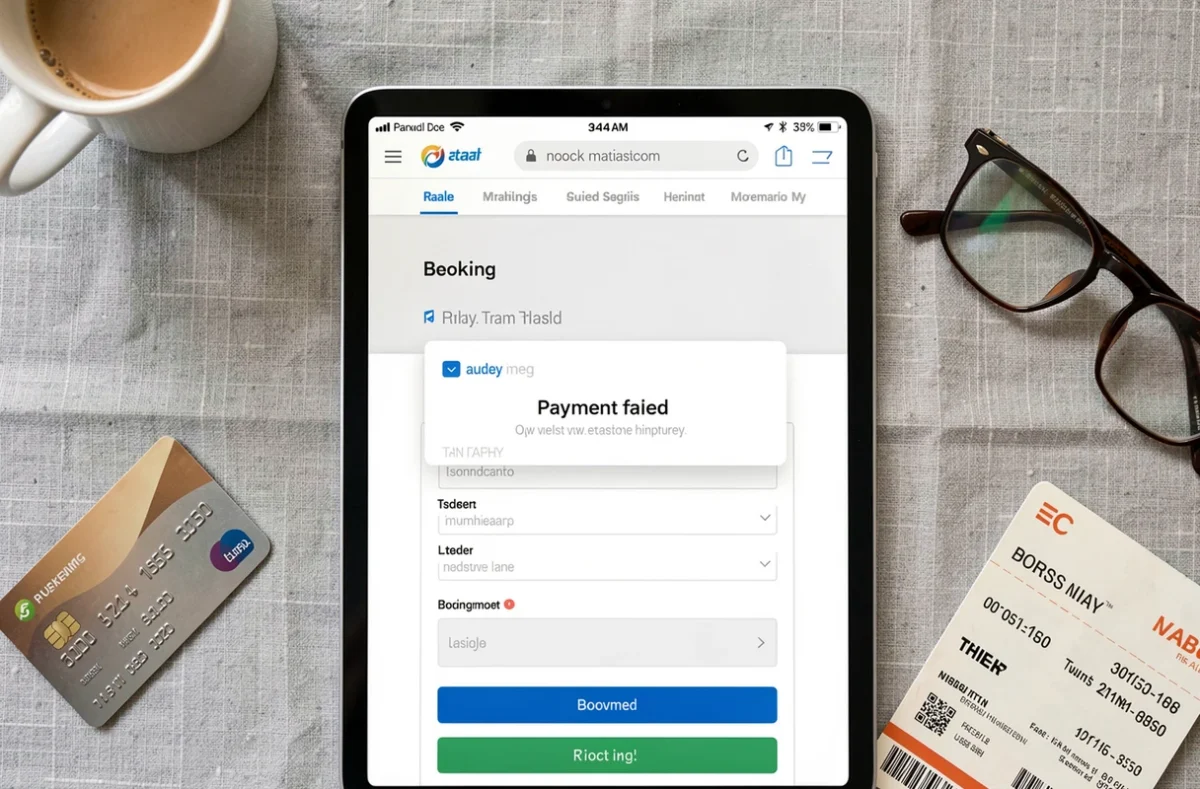 Tablette affichant une erreur de paiement sur un site de réservation de voyage avec carte bancaire