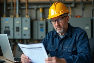 Électricien examinant des documents sur les indices BT47 et indices électricité sur un chantier