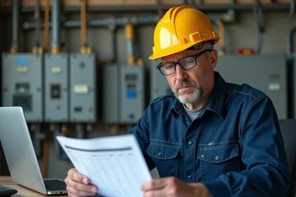 Électricien examinant des documents sur les indices BT47 et indices électricité sur un chantier