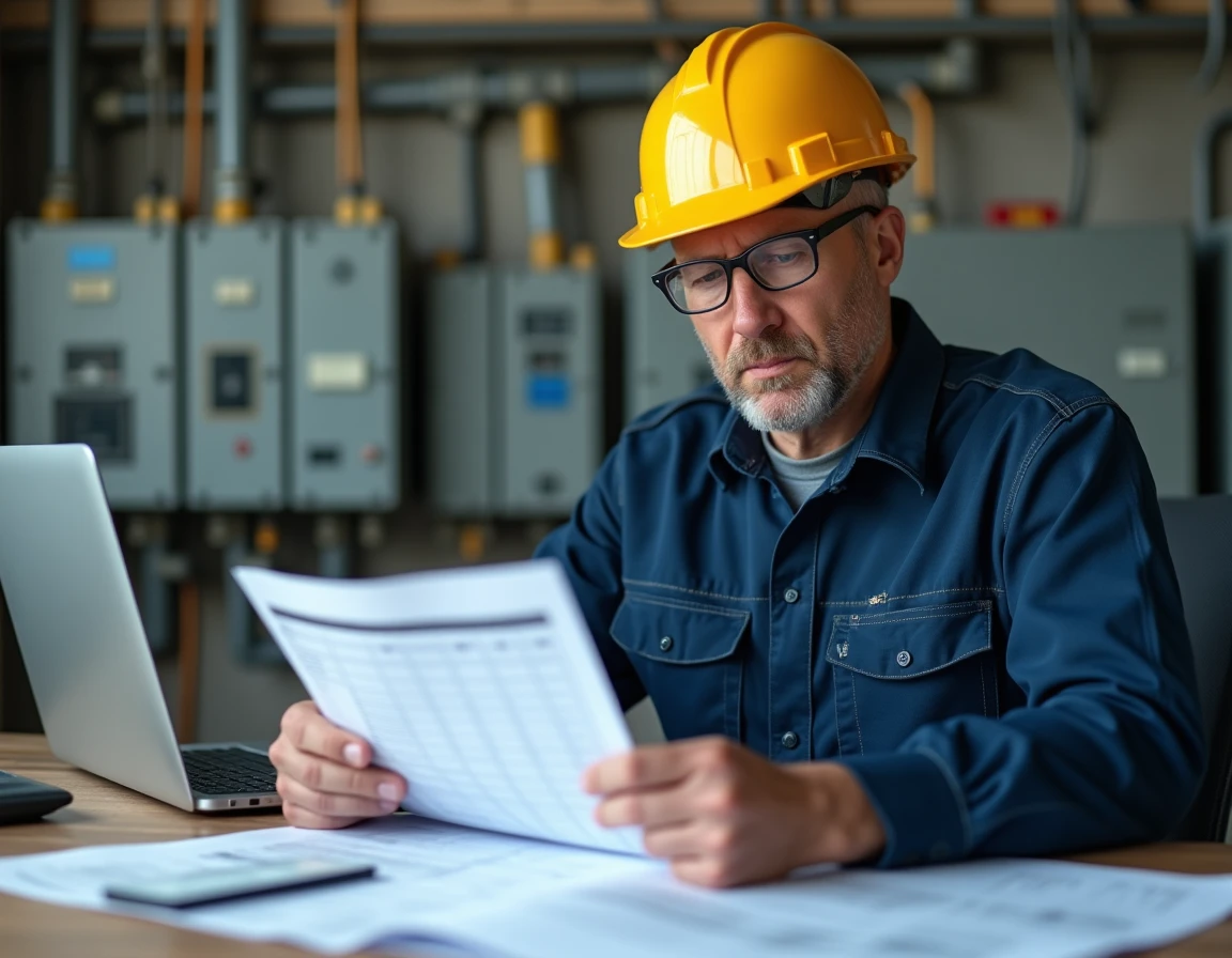 Électricien examinant des documents sur les indices BT47 et indices électricité sur un chantier