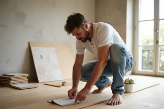 Entrepreneur en rénovation inspectant un parquet en chêne fraîchement posé dans un appartement en cours de travaux avant revente