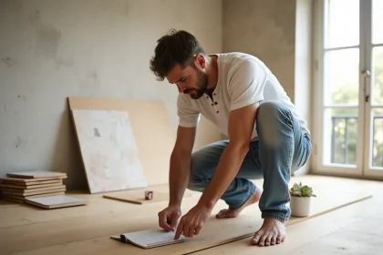 Entrepreneur en rénovation inspectant un parquet en chêne fraîchement posé dans un appartement en cours de travaux avant revente