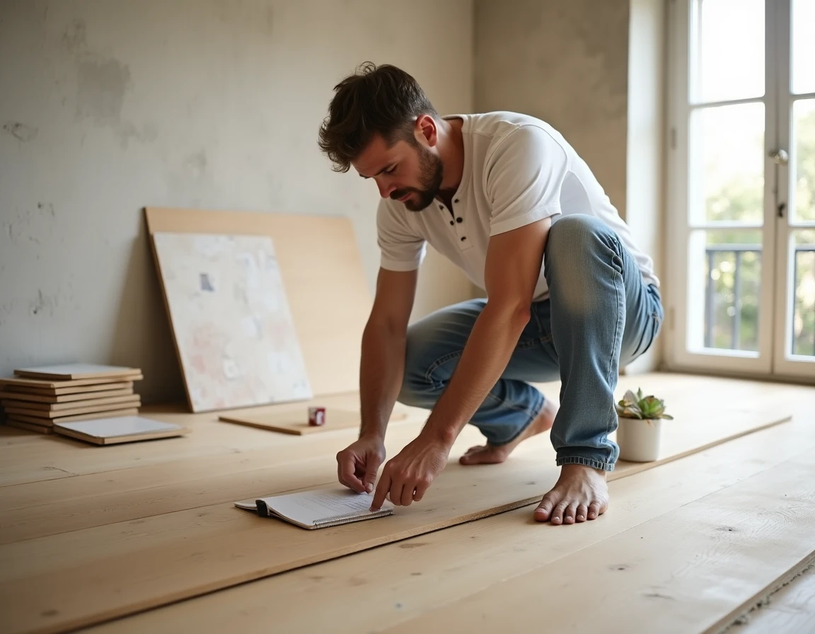Entrepreneur en rénovation inspectant un parquet en chêne fraîchement posé dans un appartement en cours de travaux avant revente