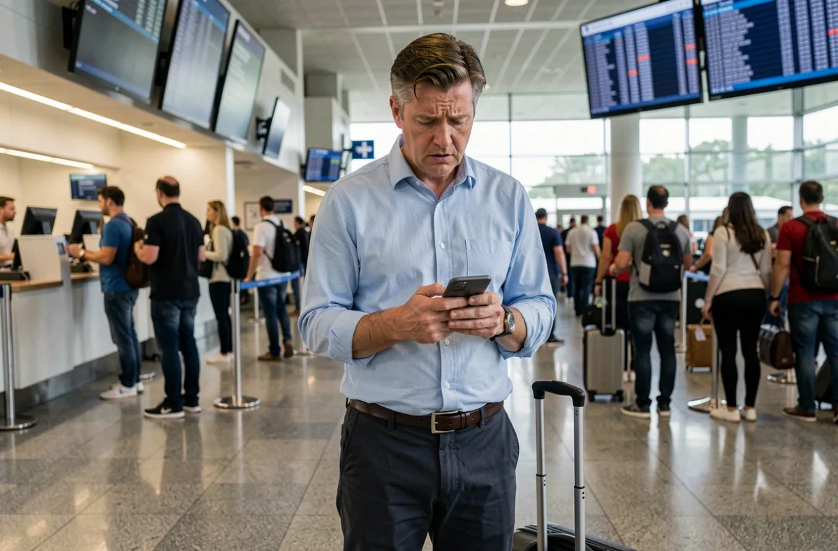Homme confus vérifiant une application de réservation défaillante dans un aéroport
