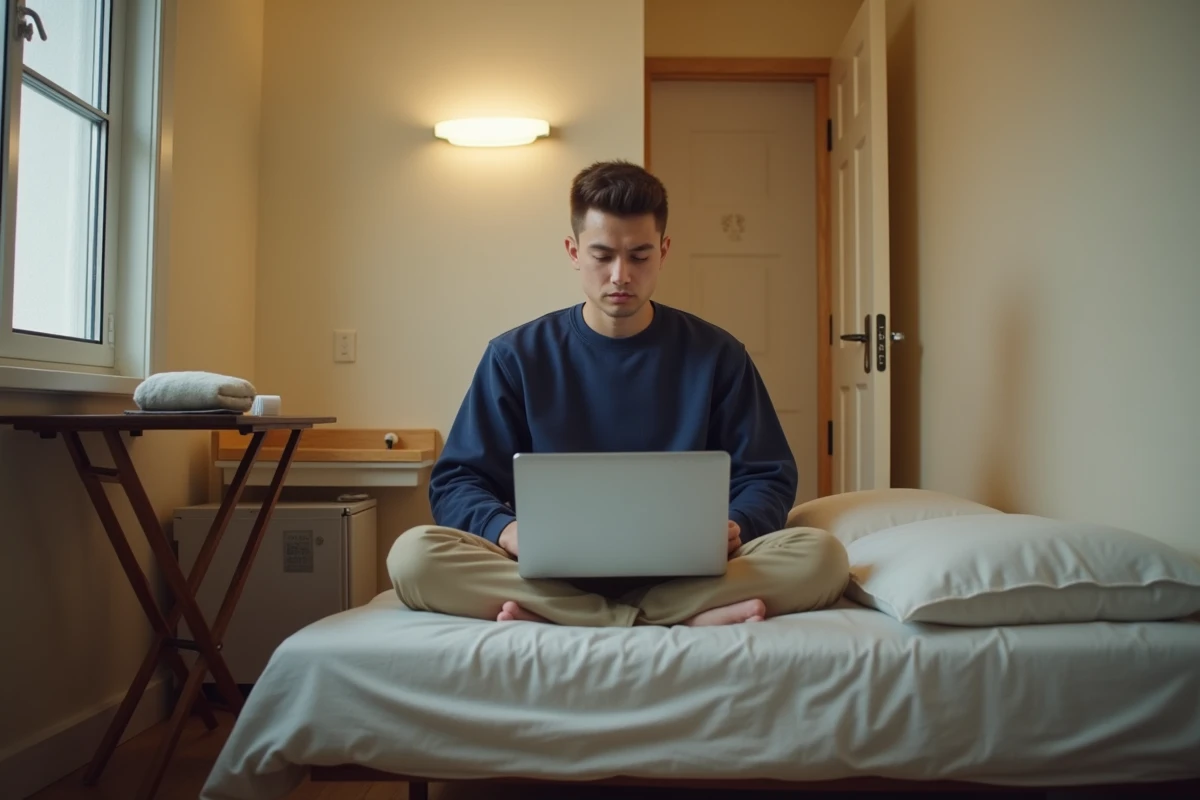 Étudiant consultant des annonces immobilières sur un ordinateur portable dans un studio meublé très exigu